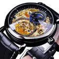 Forsining men's automatic mechanical watch featuring a skeleton dial and moon phase display - Black Case Black Dial