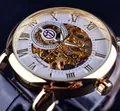 Montre mécanique squelette rétro Forsining pour homme avec boîtier doré et bracelet cuir - Bracelet Noir Cadran Blanc Accents Dorés