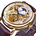 Forsining men's skeleton automatic mechanical watch with moon phase and brown leather strap - Brown Strap Gold Case White Dial