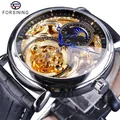 Forsining automatic mechanical watch with gold skeleton dial, moon phase and leather strap - Silver Case Black Dial Black Strap