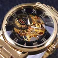 Luxus Forsining goldene Skelett automatische mechanische Uhr für Herren mit römischen Ziffern - Goldenes Gehäuse Schwarzes Zifferblatt Goldenes Stahlband