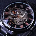 Forsining Luxus Skelettuhr Herren Automatik Schwarz mit Roségold Römischen Ziffern - Schwarzes Gehäuse Roségold Ziffern Schwarzes Zifferblatt Schwarzes Stahlband