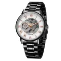 Forsining mechanische Herrenuhr im Skelett-Design mit schwarzem Edelstahlarmband - Schwarzes Gehäuse Roségold Ziffern Weißes Zifferblatt Schwarzes Stahlband