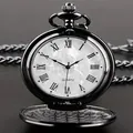 Reloj de bolsillo vintage negro pulido con números romanos y cadena - Negro Tapa Simple Lisa Cadena de Cintura