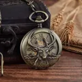 Antique bronze mechanical pocket watch with carved deer relief and skeleton dial design - Black