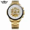 Winner Herren Automatik Uhr Skelett Design Gold Edelstahl Armband Mechanisch - Weiß