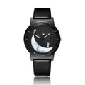Minimalist black quartz watch with astronaut moon dial design and leather strap - Watcher