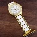 Goldene Strass-Krankenschwesteruhr mit weißen Keramikgliedern und Kristalllünette - Stil 5
