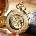 Vintage gold mechanical skeleton pocket watch featuring intricate floral engraving on case - Hollow Carved Style (PM017) / Gold