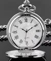 Reloj de bolsillo vintage plateado pulido con números romanos y esfera de nácar blanca - Plateado Tapa Simple Lisa Cadena de Cintura