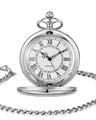 Reloj de bolsillo vintage en plata pulida con números romanos y tapa abatible cadena - Negro Tapa Simple Lisa Cadena de Cintura 2