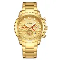 WWOOR men's multi-function chronograph gold quartz watch with stainless steel bracelet - Gold Case Gold Dial / Gold