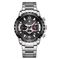 Professional WWOOR men's chronograph quartz watch with silver stainless steel strap and white background - Silver Case Black Dial / Silver