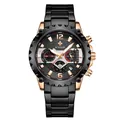 WWOOR luxury men's multifunctional quartz chronograph watch with black steel band - Rose Gold Case Black Dial / Black