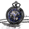 Vintage mechanische Taschenuhr Skelett mit blauen römischen Ziffern und schwarzer Kette - Schwarzes Doppelt Geöffnetes Römisches Zifferblatt