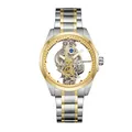 Detailed close-up view of the double-sided skeleton automatic men's watch movement - Gold & Silver