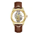 Detailed macro view of men's skeleton watch with gold case and brown leather strap. - Brown Leather Gold Frame