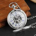 Detailed view of a silver skeleton mechanical pocket watch with blue Roman numerals. - Silver Skeleton Mechanical Pocket Watch (PM089)