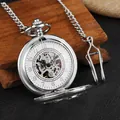 Antike silberne mechanische Taschenuhr mit Skelettzifferblatt und Kette - Silber Arabisches Zifferblatt (PM071)
