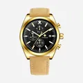 Reloj cronógrafo WWOOR para hombre con caja dorada y correa de ante marrón claro elegante - Caja Dorada Esfera Negra Correa Cuero (8838P)