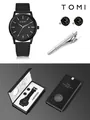 Coffret cadeau montre noire minimaliste TOMI avec boutons de manchette et pince à cravate - Cadran Noir Boîtier Noir (Coffret Cadeau)