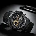 BIDEN heren chronograaf horloge met 3D draken gravering en zwarte siliconen band - Zwart