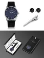 Détail du coffret montre minimaliste TOMI avec boutons de manchette et pince à cravate - Cadran Bleu Boîtier Noir (Coffret Cadeau)