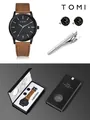 Coffret cadeau montre minimaliste TOMI avec montre en cuir, boutons de manchette et pince. - Cadran Noir Bracelet Brun (Coffret Cadeau)