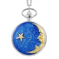 Klassiek zilveren zakhorloge met blauwe ster en maan glitter design, kwartsuurwerk - Blauwe Sterrenhemel Maan Stijl (P939)