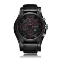Close-up showing the intricate red dial details and textured black leather strap - Black Strap Red Needle