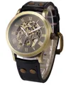Reloj mecánico automático esqueleto para hombre en bronce con correa de cuero - Negro