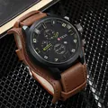 Detailed view of a men's military-style sports watch with a wide brown leather strap - Brown Strap Yellow Needles