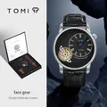 Orologio al quarzo TOMI face gear da uomo con cinturino in pelle nera e quadrante unico - Stile (T103-3) / Argento/Nero