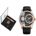 Detailansicht des Herrenuhren-Geschenksets inklusive zusätzlichem Lederarmband. - Roségold Gehäuse Schwarzes Zifferblatt Schwarzes Armband