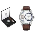 Elegantes Herren Business Uhren Set mit braunem Lederarmband und Premium Geschenkbox - Silber Gehäuse Weißes Zifferblatt Braun Lederarmband