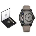 Detailansicht einer stilvollen Herrenuhr mit Geschenkbox-Set und Wechselarmband - Schwarzes Gehäuse Graues Zifferblatt Graues Armband