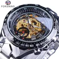 FORSINING Herren Skelett mechanische Armbanduhr mit silbernem Edelstahlarmband Luxus - Silbernes Armband Goldener Uhrwerk