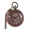 Große Holz-Quarz-Taschenuhr mit antiker Bronzekette und funktionalen Hilfszifferblättern - Multifunktions-Hilfszifferblätter (P978)