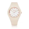 Elegante reloj de cuarzo minimalista para mujer con correa de silicona beige y tonos oro rosa. - Rosa