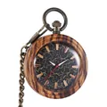 Vintage Holz Quarz Taschenuhr mit antiker Bronzekette und einzigartigem Crackle-Strukturzifferblatt - Schwarz Gold Rissmuster (P979)