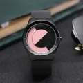 Minimalistische Quarzuhr mit pink-schwarzem Drehscheiben-Zifferblatt und Mesh-Armband. - Rosa Schwarz Wirbel (Schwarzes Mesh-Band)