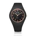 Elegante reloj de cuarzo negro minimalista para mujer con números en oro rosa y correa de silicona - Negro