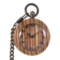 Vintage Holztaschenuhr mit Bronzekette und Zebrafaser-Zifferblatt - Blumen Hohlzeiger (P983)