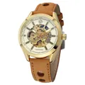 Primer plano de reloj mecánico Forsining para hombre con esfera dorada esqueletizada - Esfera Blanca Caja Dorada Correa Marrón