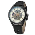 Reloj mecánico automático casual Forsining para hombre con esfera de esqueleto y correa de cuero - Esfera Blanca Caja Negra Correa Negra