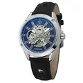 Vista detallada del reloj mecánico automático Forsining para hombre con esfera azul - Esfera Negra Caja Plateada Correa Negra