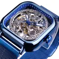 Luxury blue skeleton automatic mechanical watch for men featuring a stylish mesh strap - Blue