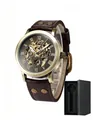 Reloj mecánico automático de esqueleto en bronce con correa de cuero marrón oscuro - Marrón Con Caja / Marrón