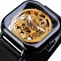 Fashionable men's skeleton automatic mechanical watch featuring golden gear movement - Black Strap Gold Movement