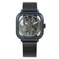 Forsining men's black square automatic mechanical watch with skeleton dial and mesh strap - Black Band Silver Movement